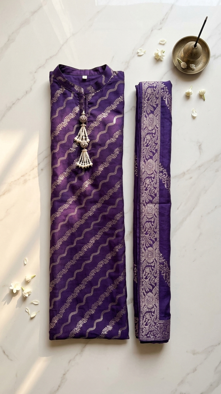 Ensemble 3 pièces en mélange de coton et de soie violet avec tissage doré