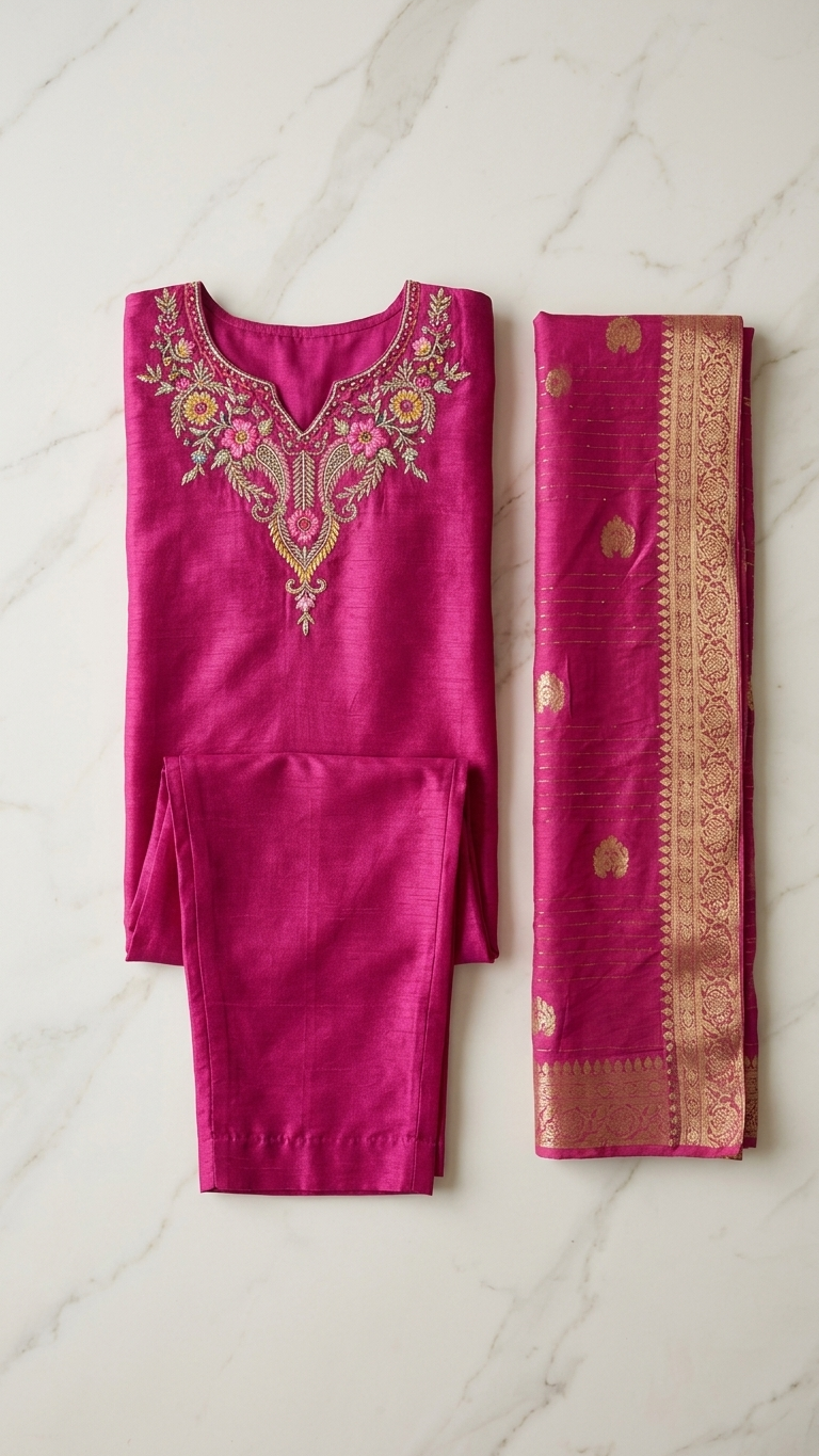 Chinnon Silk Kurta Set with Banarasi Dupatta – 3 Piece Festive Ethnic Wear for Women