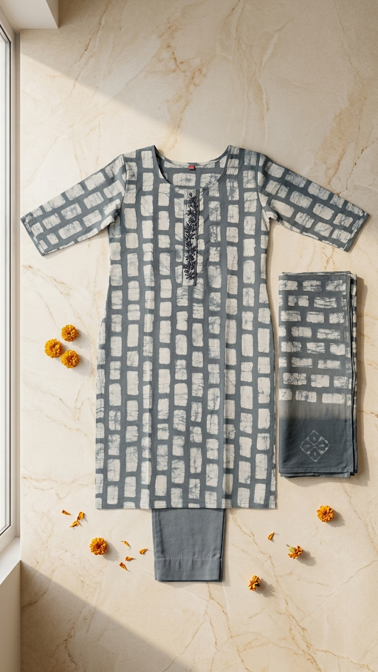 Batik Cotton Silk 3-Piece Kurta Set in Stone Grey