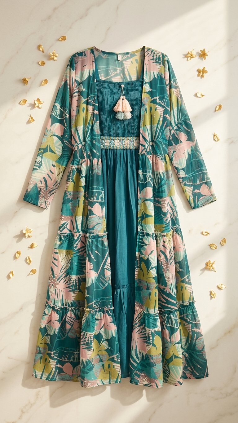 Robe ethnique en georgette 3 pièces avec broderie complexe