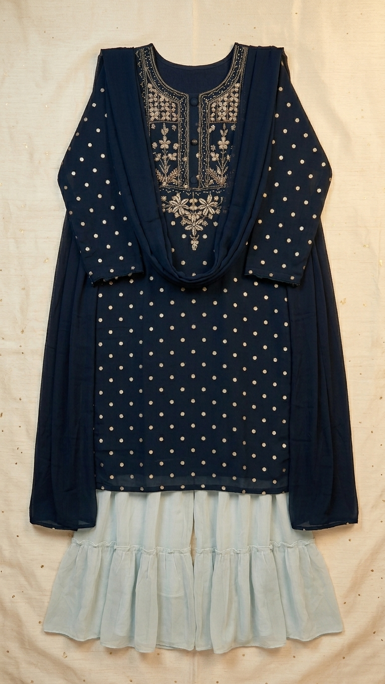 Ensemble Kurta en mélange de soie bleu nuit (3 pièces) avec tissage doré et travail de Zardosi et Sharara gris-bleu. Ce produit est également disponible en 3XL.