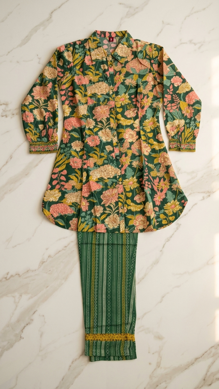 Ensemble coordonné boutonnée imprimé numérique floral vert avec pantalon orné de dentelle au crochet
