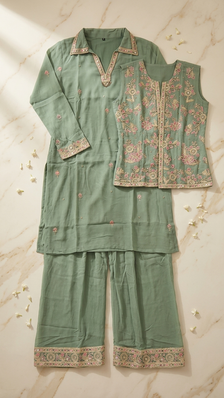 Sage Green 3-Piece Fusion Kurta Set with Embroidered Jacket & Wide-Leg Pants | Festive & Party Wear