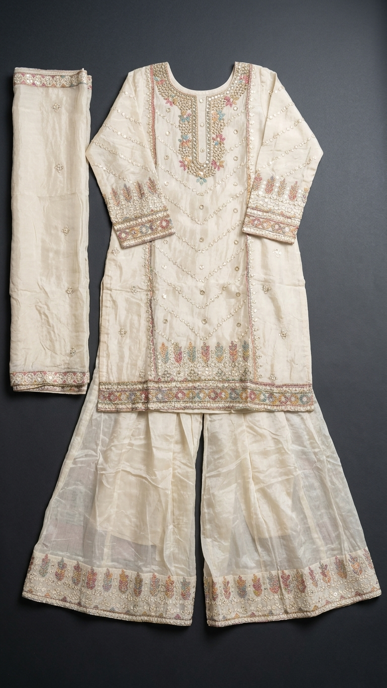 Women's Hand Embroidered Sharara Set | 3 Piece Silk Blend Georgette Ethnic Suit | Wedding Guest Outfit | Festive Indian Pakistani Party Wear