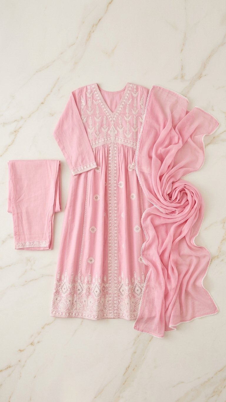 Blush Pink Embroidered Anarkali Suit Set with Chiffon Dupatta | Pakistani Anarkali Dress for Women | Festive, Wedding & Eid Wear
