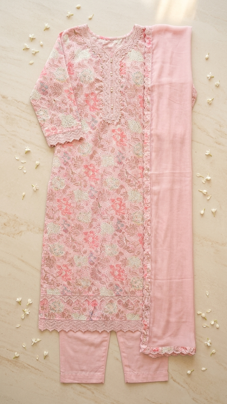Cotton 3-Piece Suit in Subtle Pink with Intricate Lace Work