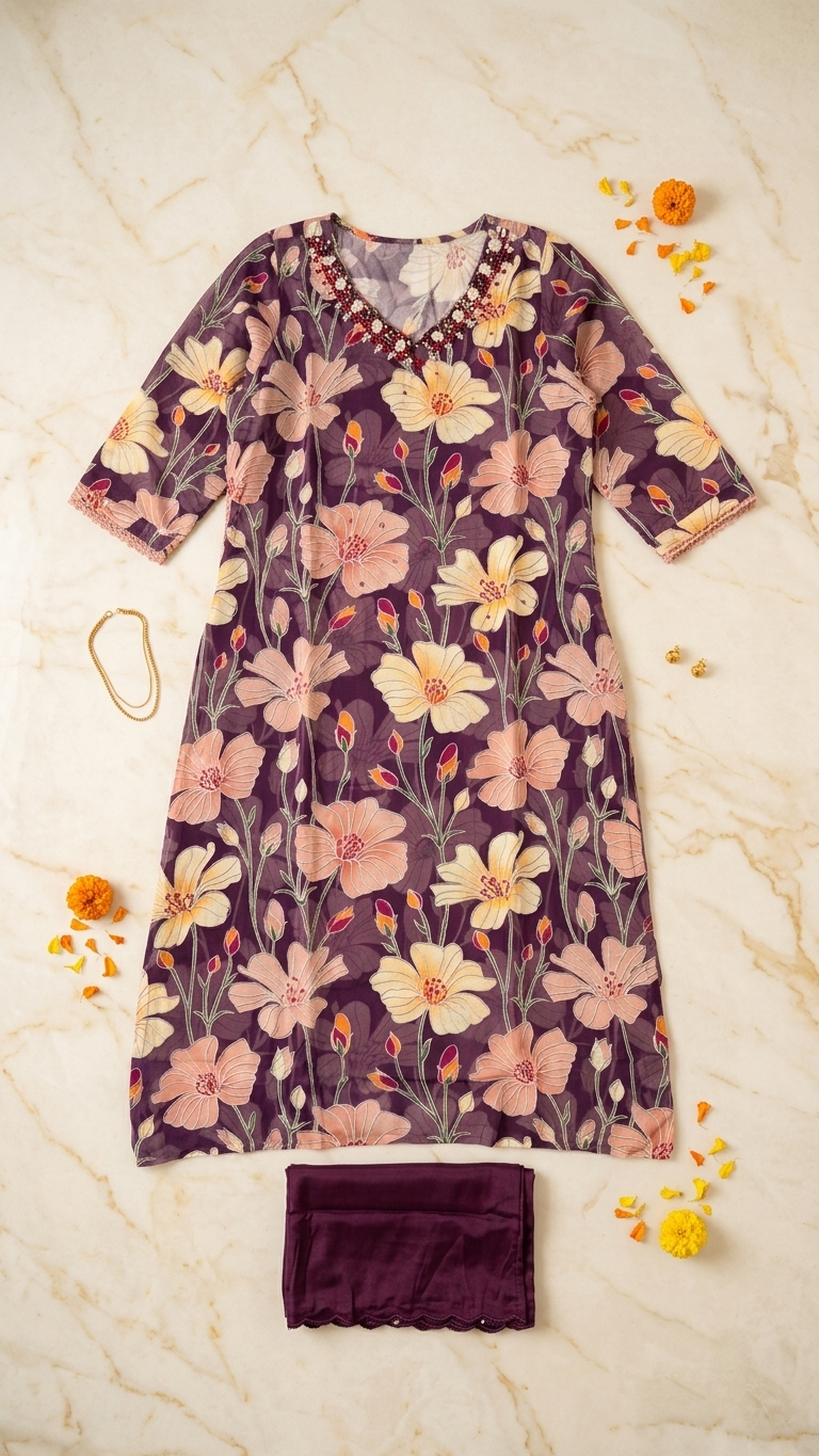 Ensemble coordonné floral violet avec pantalon palazzo