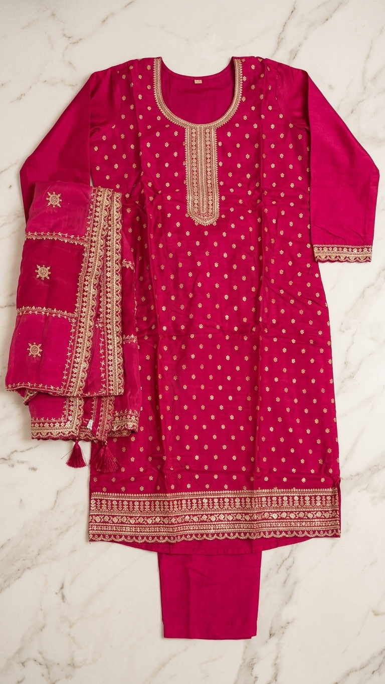 Fuchsia Pink Embroidered Kurta Set for Women | 3-Piece Indian Pakistani Suit with Dupatta | Festive, Eid & Wedding Wear