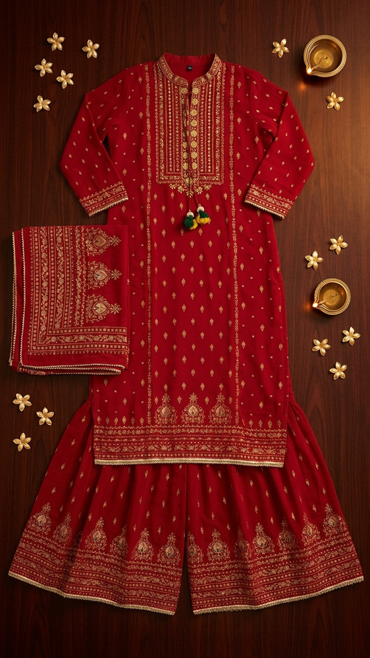Red Printed Kurta Sharara Set for Women | 3-Piece Indian Pakistani Suit with Embroidered Neckline & Lace Detail | Festive Wear