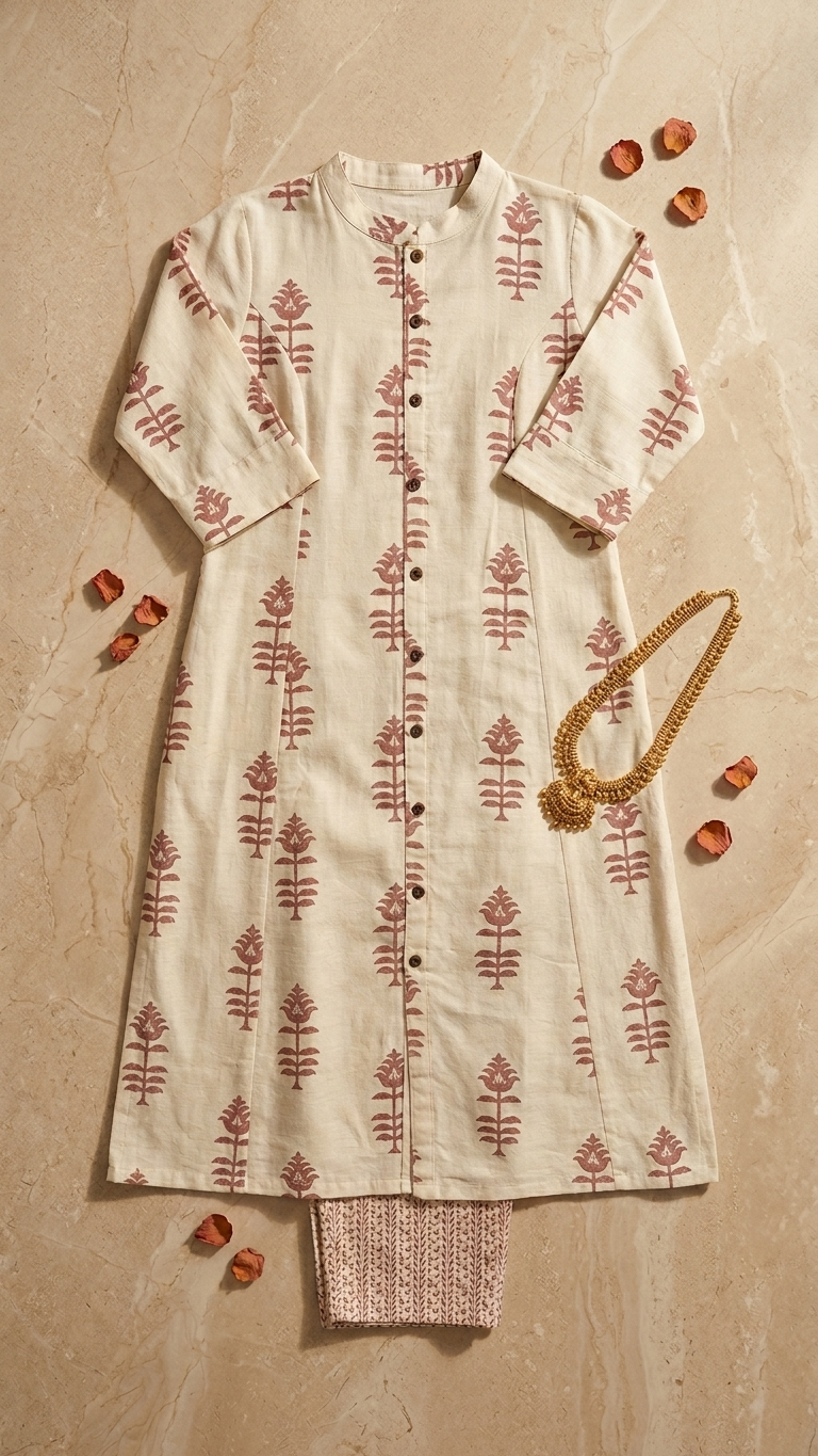 Khadi Cotton Palazzo Set in Beige with Ethnic Motifs
