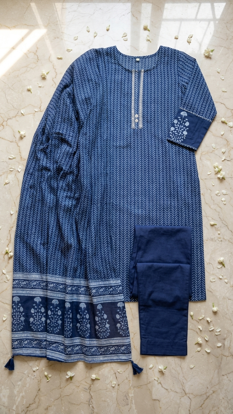 Élégant costume trois pièces en pur coton indigo