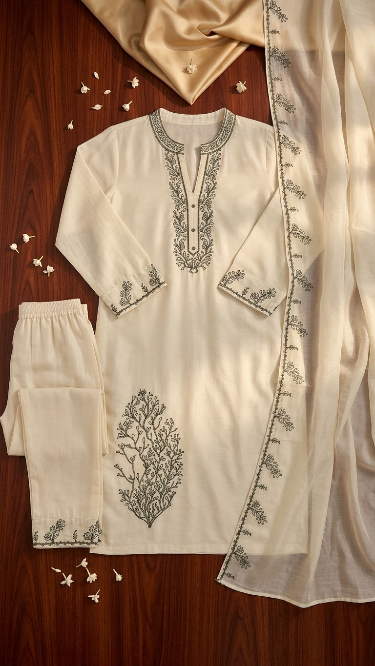 Ensemble 3 pièces en soie russe blanc cassé avec broderie noire et dupatta en organza