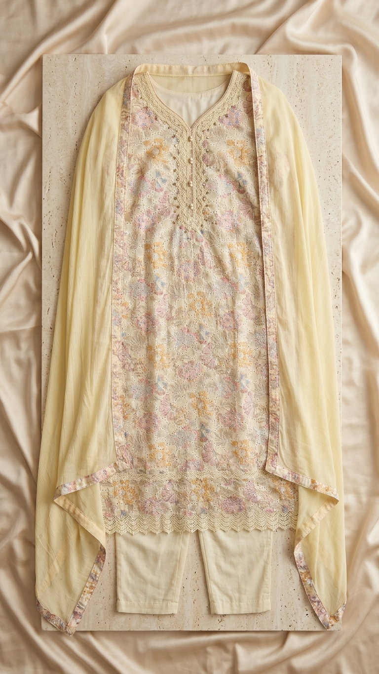 Cotton 3-Piece Suit in Lemon Yellow with Intricate Lace Work