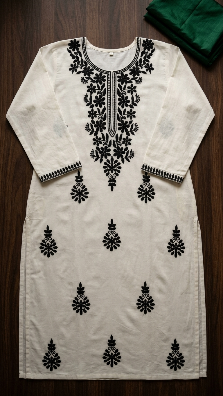 Kurti Premium en Rayonne Chikankari Blanche avec Broderies Contrastantes Faites Main au Fil