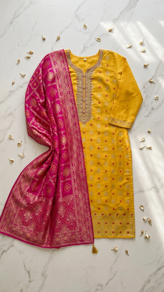 Costume 3 pièces en mélange de soie jaune soleil et magenta avec tissage Butti et dupatta Bandhani