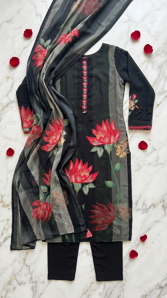 Rayon Silk Blend 3-Piece Suit in Black with Floral Motif and Bead Detailing