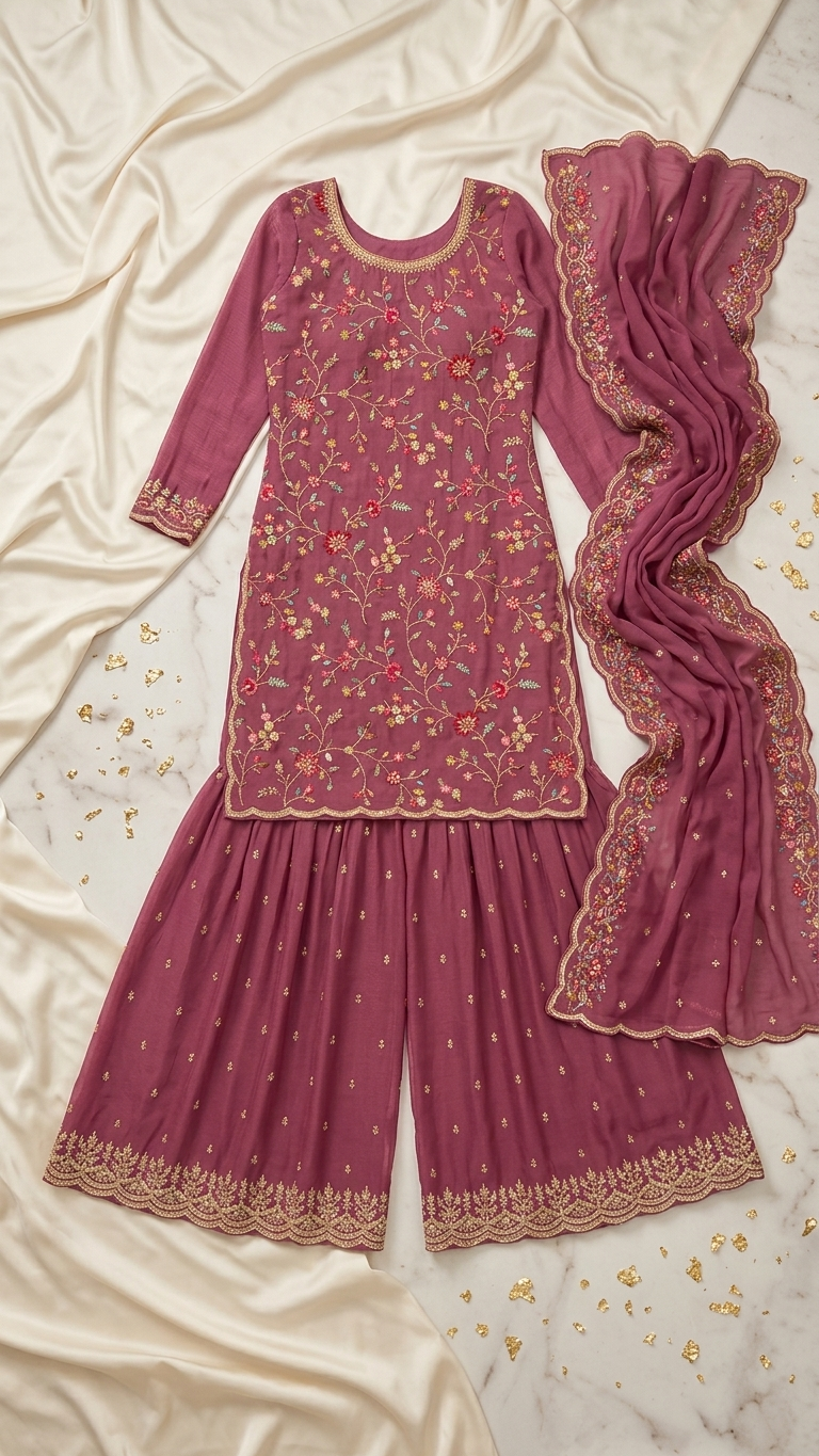 3-Piece Festive Sharara Set in Silk Blend/Georgette with Hand Embroidery