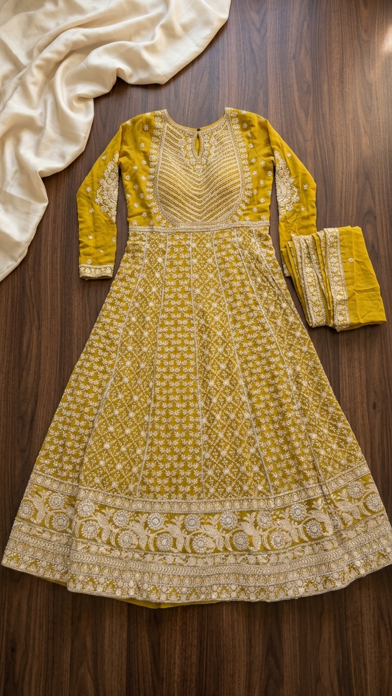 Mustard Yellow Embroidered Long Gown with Dupatta | Indian Wedding Gown | Festive Ethnic Wear for Women