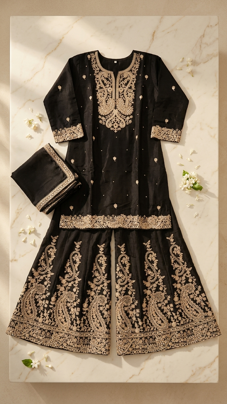 Black Embroidered Sharara Suit Set for Women | 3-Piece Pakistani Indian Wedding & Party Wear