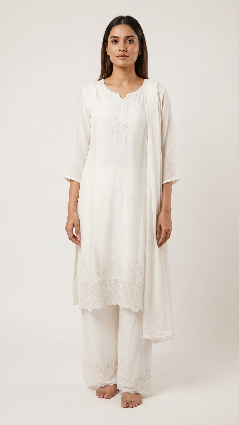 White Embroidered Sharara Set for Women with Dupatta | 3 Piece Indian Pakistani Ethnic Suit | Festive, Eid & Wedding Wear