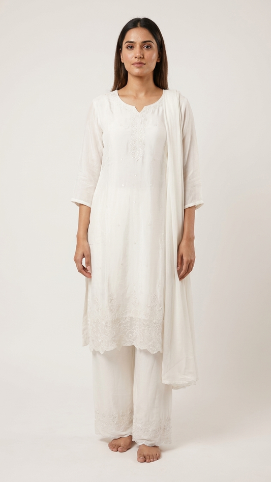 White Embroidered Sharara Set for Women with Dupatta | 3 Piece Indian Pakistani Ethnic Suit | Festive, Eid & Wedding Wear