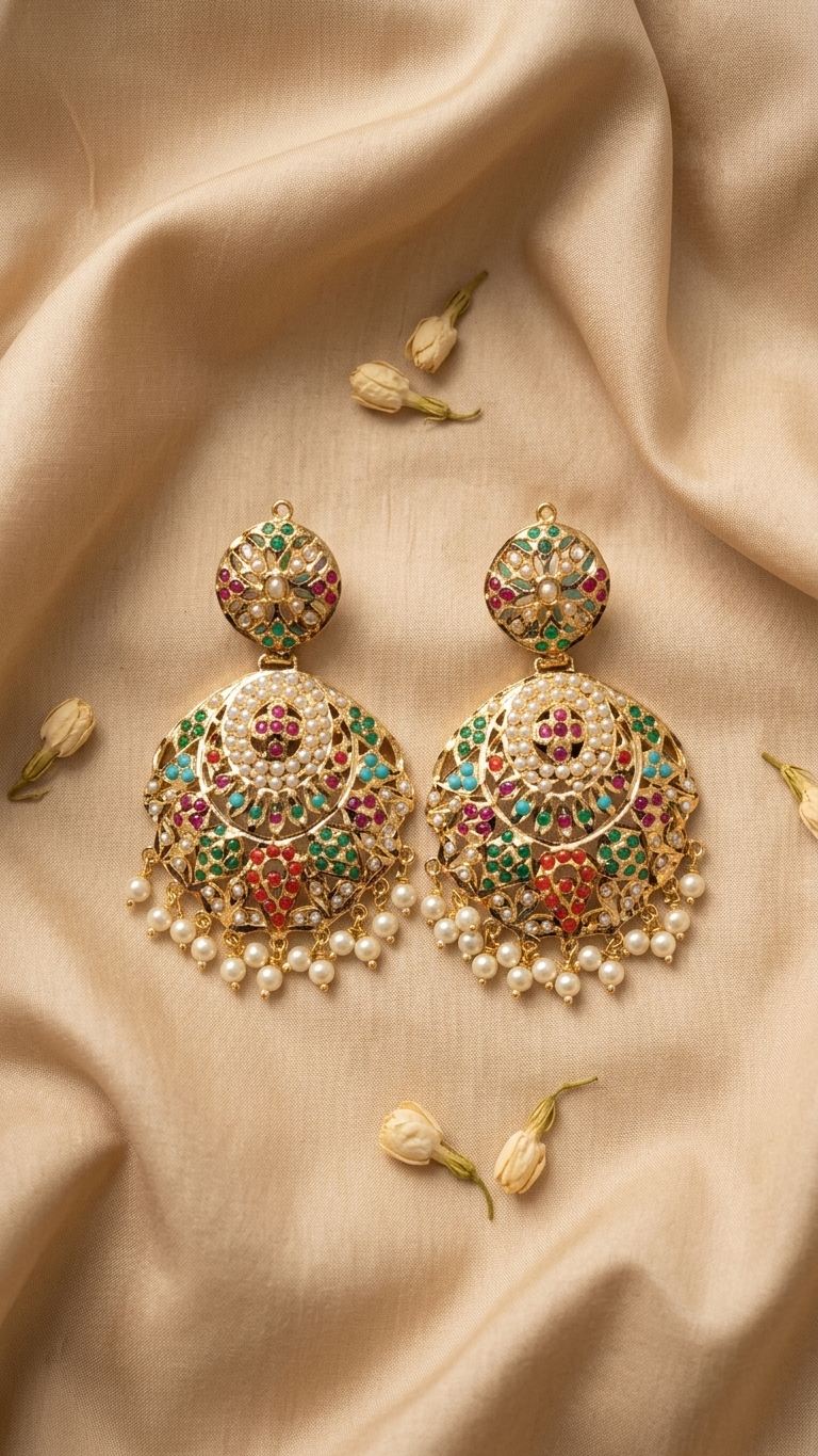 Jadau Chaandbali Earrings – Exquisite Multicolour Jadau Jewelry