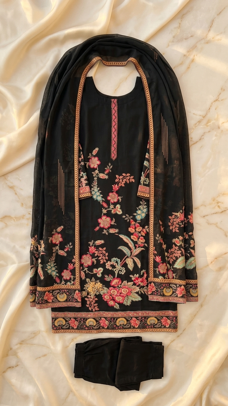 Costume 3 pièces élégant en coton et soie à imprimé floral noir
