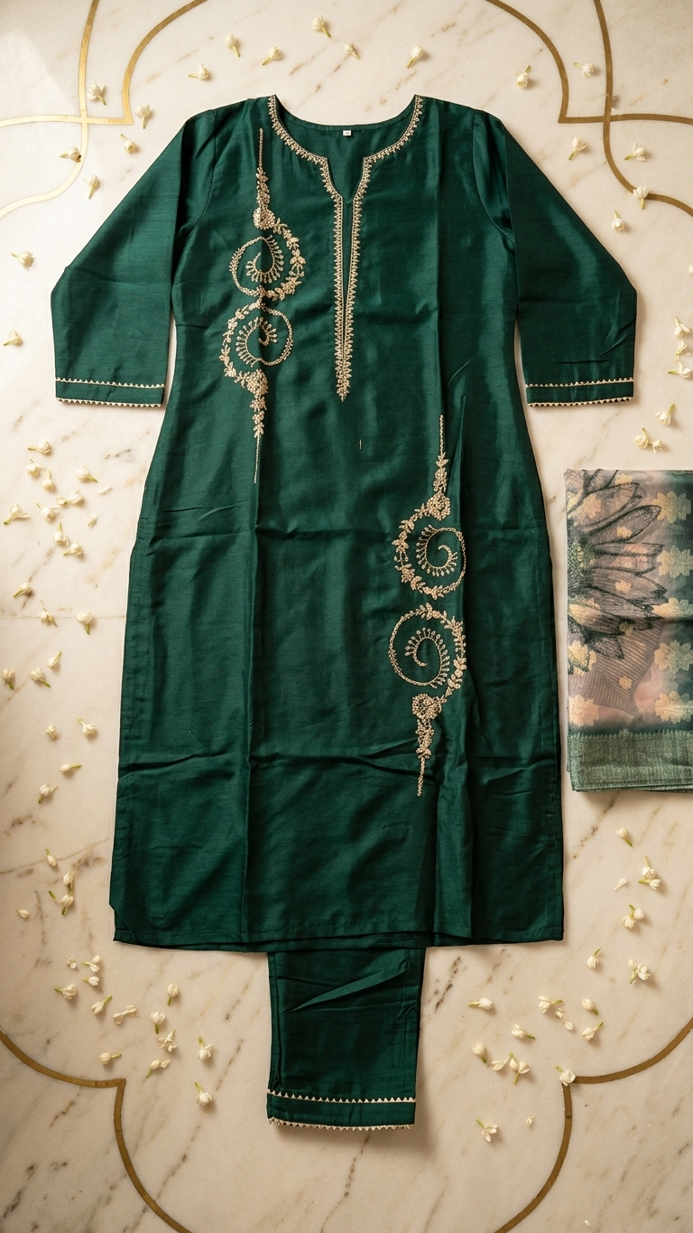 Silk Blend 3-Piece Suit in Green with Gold Tone Embroidery and Floral Tissue Dupatta