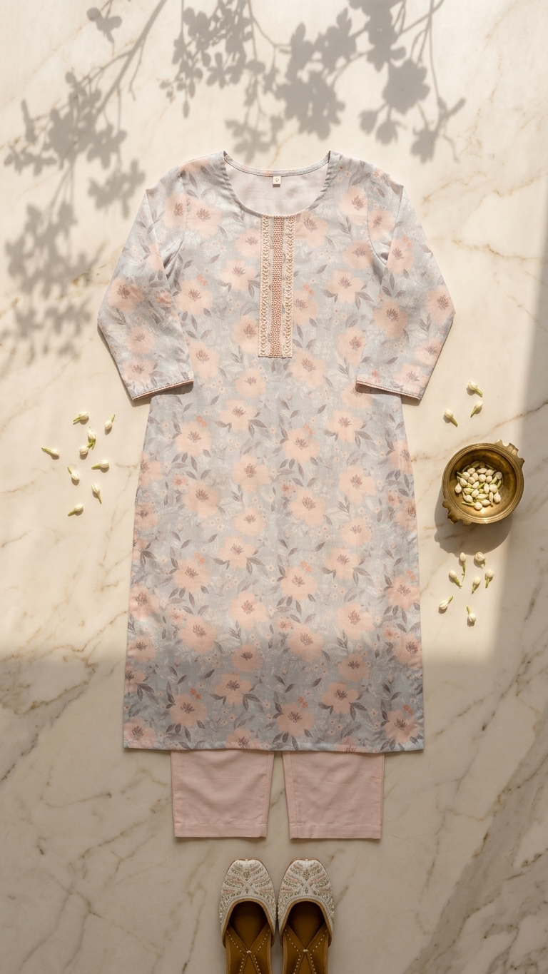 Pastel Floral Cotton Kurta Set with Blush Pink Pants