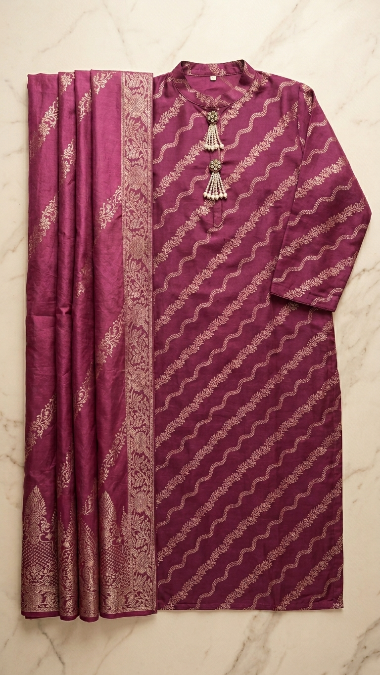 Ensemble 3 pièces en mélange de coton et de soie, rose avec tissage doré