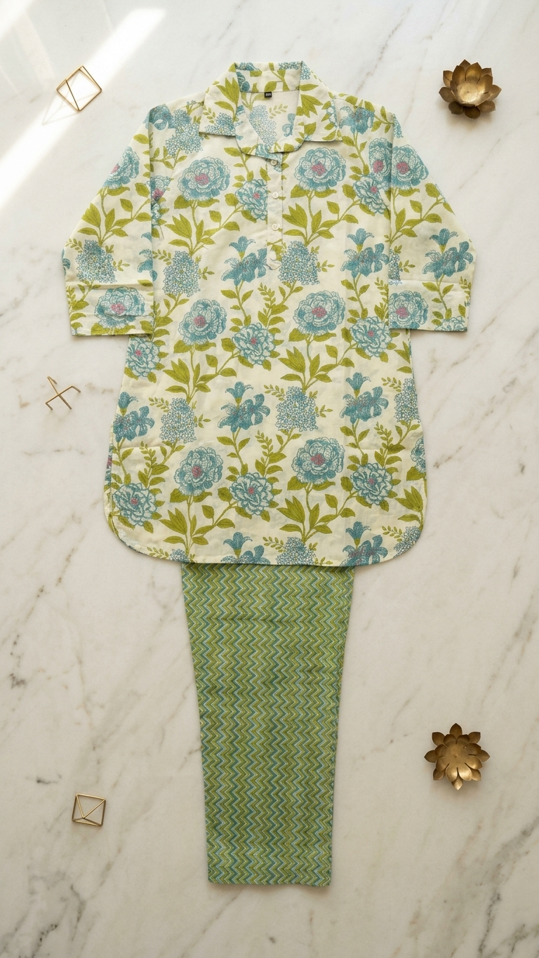 Cotton Rayon Blend Coord Set in Green Flower