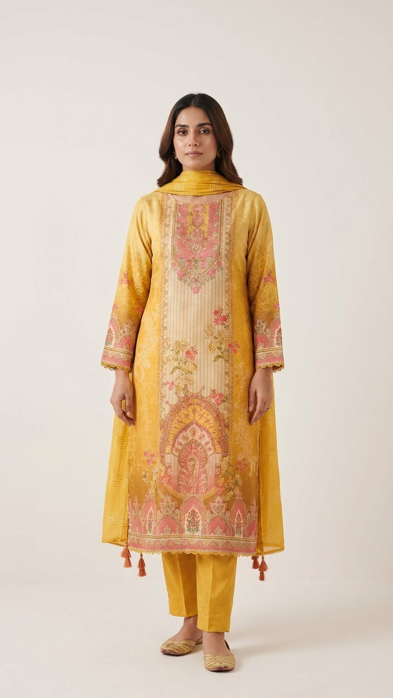Yellow Chinon Silk 3-Piece Indian Suit with Sequins Dupatta