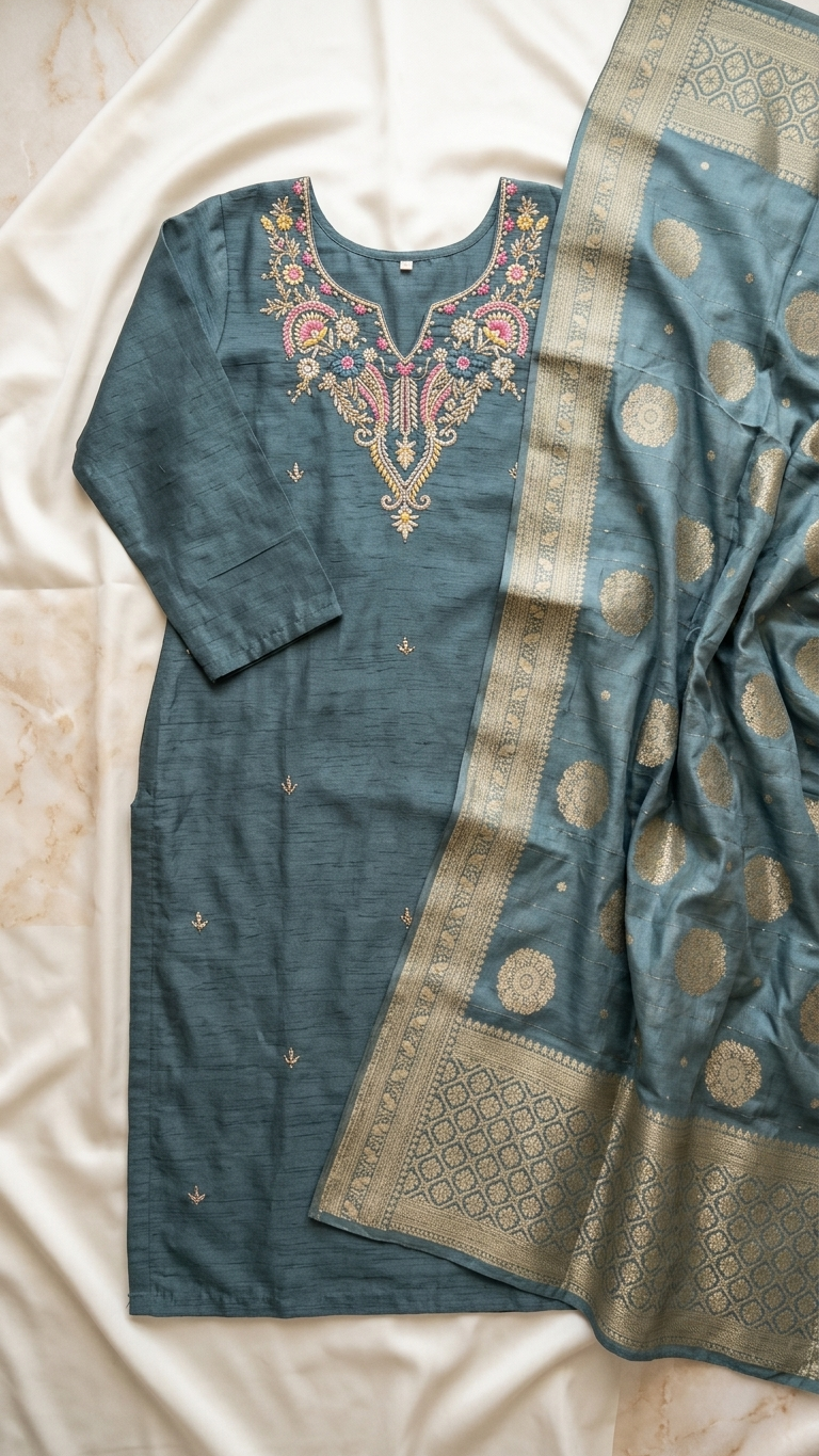 Chinnon Silk Kurta Set with Banarasi Dupatta – 3 Piece Festive Ethnic Wear for Women