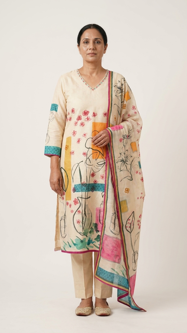 Ensemble trois pièces en coton Khadi peint, disponible en plusieurs coloris
