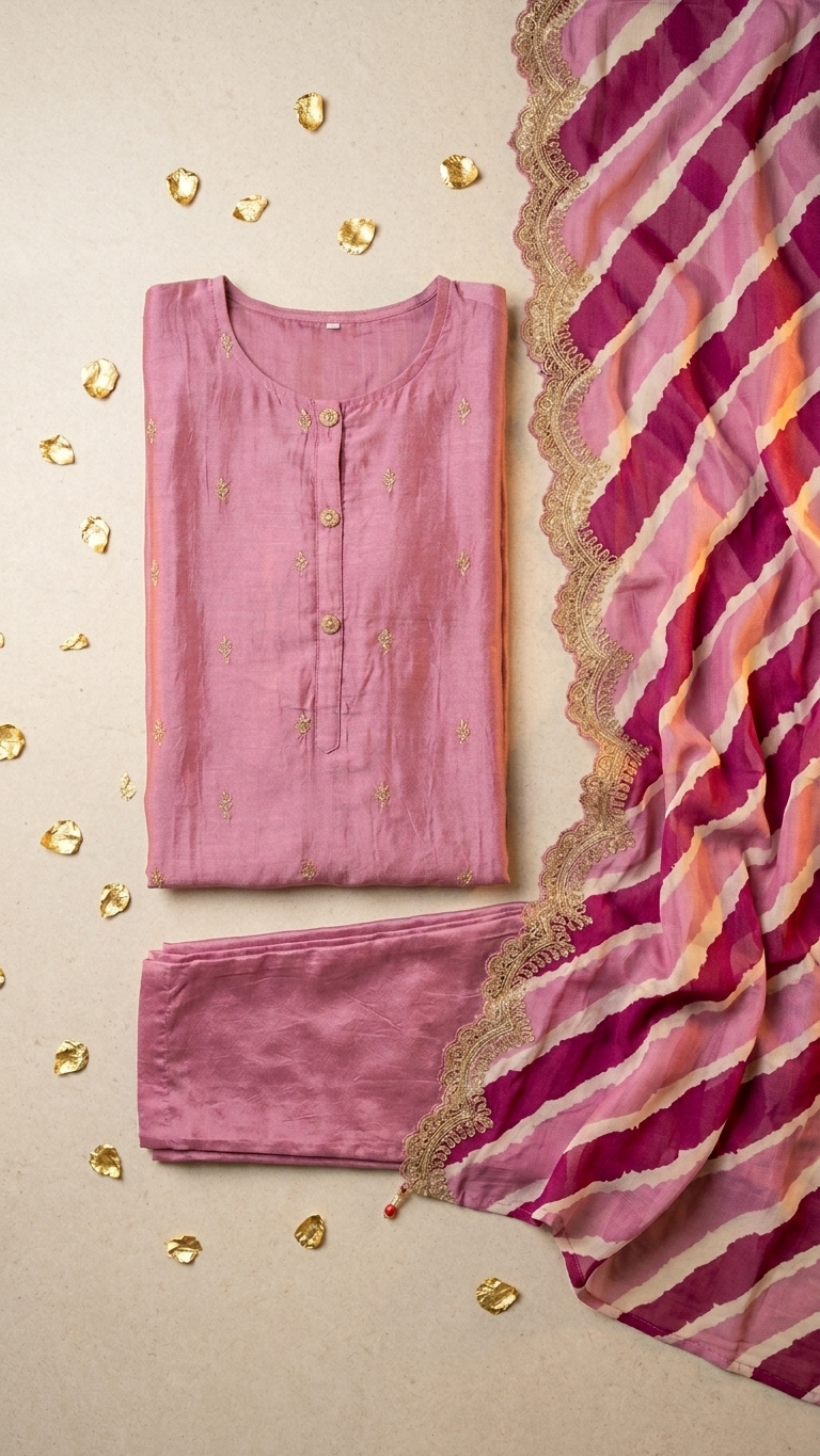 Ensemble de kurta 3 pièces en soie Chinnon Mauve avec broderies argentées faites à la main