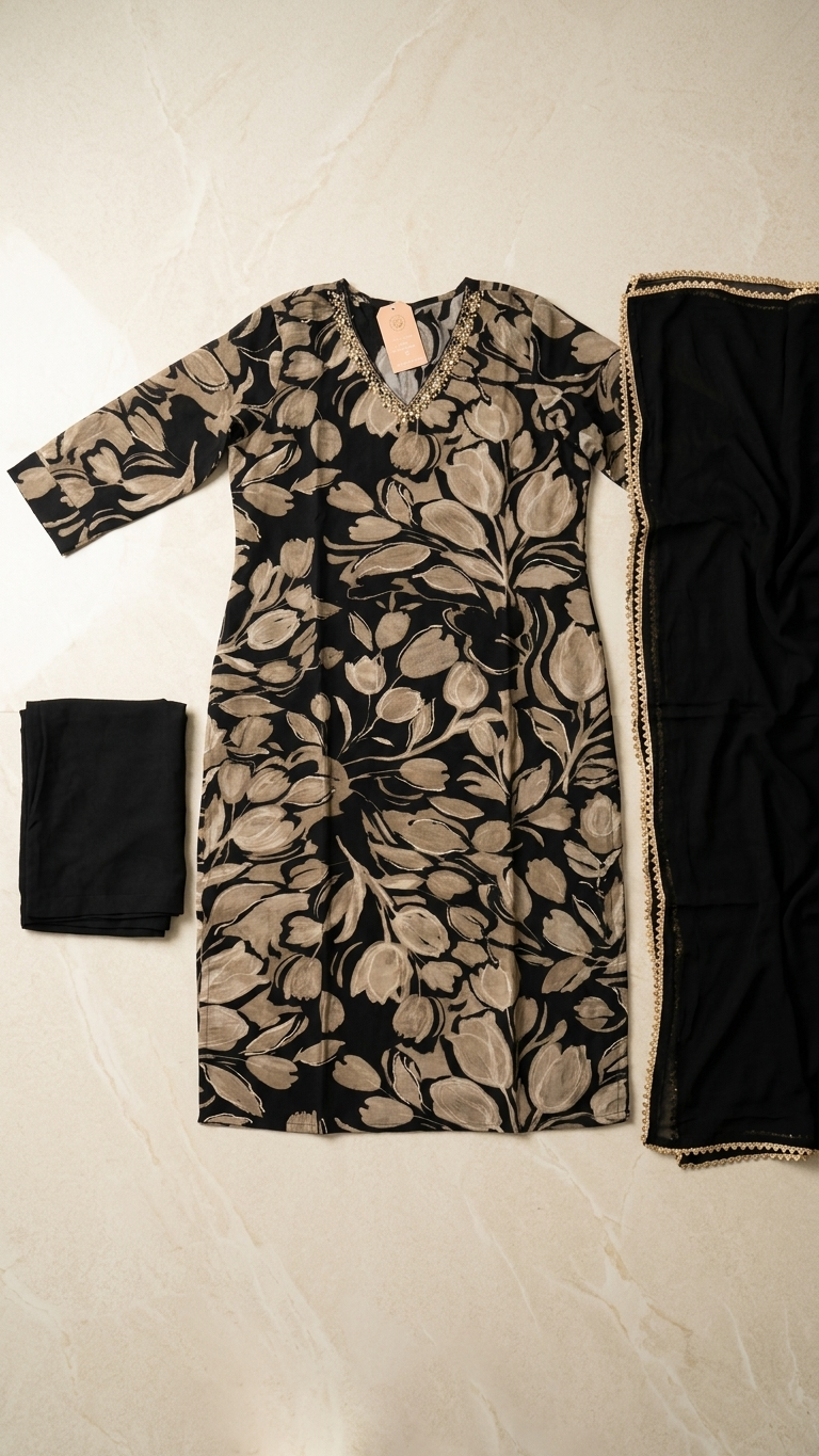 Costume trois pièces élégant en mélange de coton crêpe noir avec dupatta Gotta Kinnari