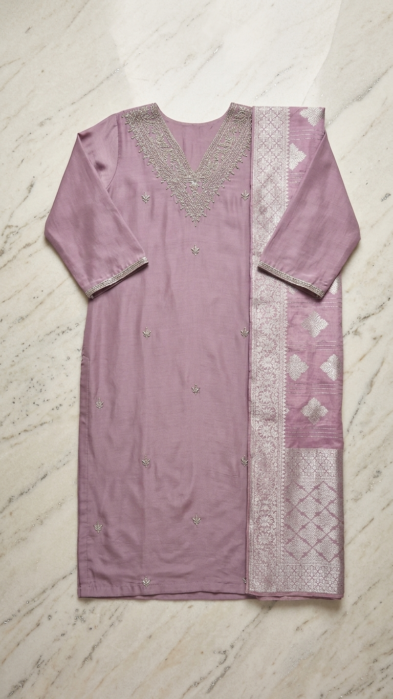Ensemble 3 pièces en soie Chinon lilas avec ornements argentés et dupatta tissé argenté - Tenue de fête