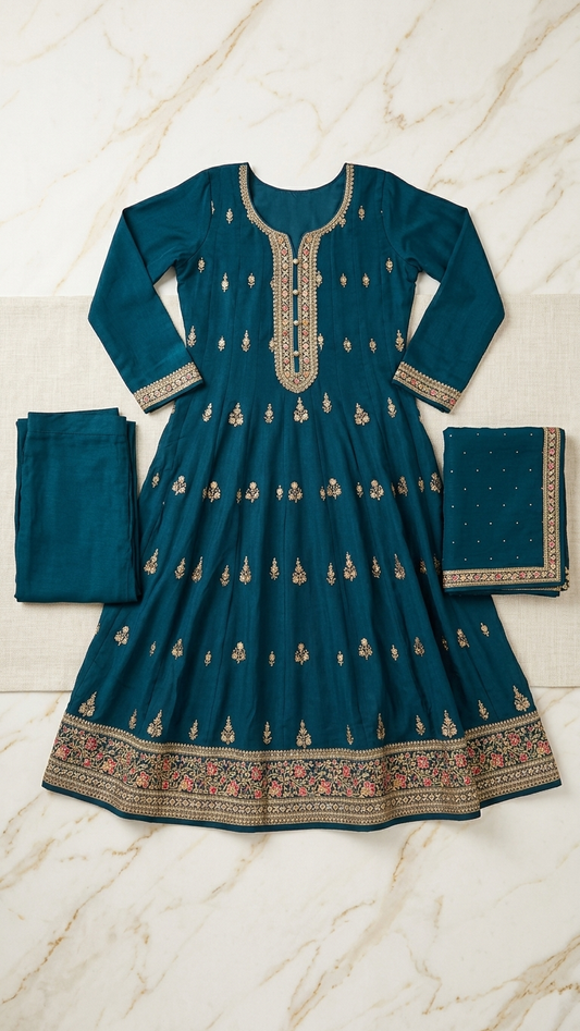 Teal Blue Anarkali Suit Set for Women | Embroidered 3-Piece Ethnic Kurta Set with Dupatta | Indian Pakistani Festive Wear