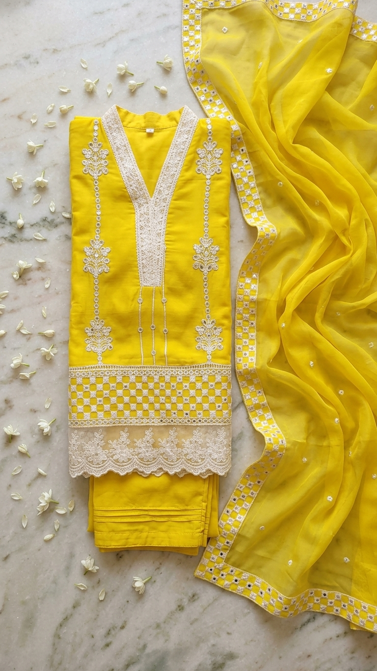 Costume 3 pièces en organza pur jaune avec broderies et détails en dentelle