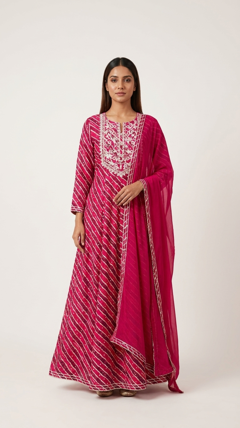 Magenta Leheriya Embroidered Anarkali Suit Set with Dupatta | Festive & Wedding Wear