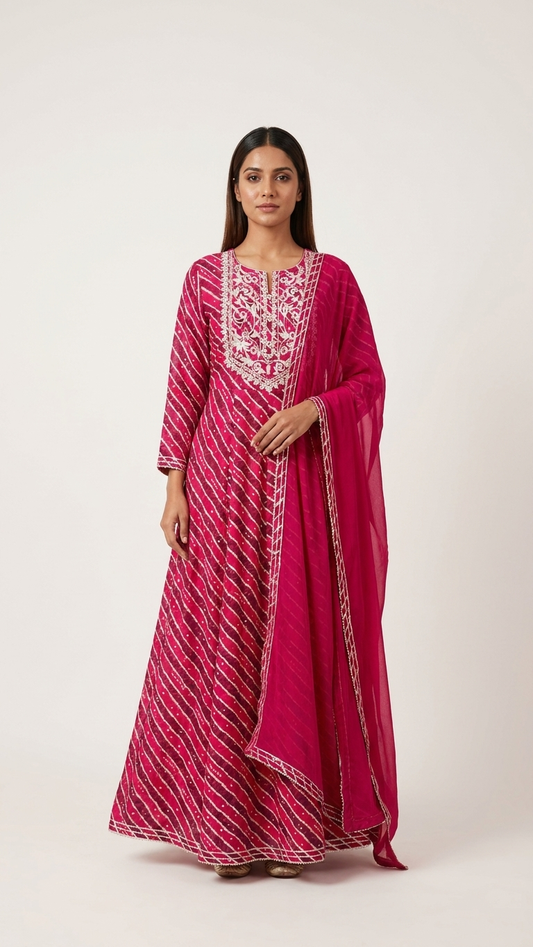 Magenta Leheriya Embroidered Anarkali Suit Set with Dupatta | Festive & Wedding Wear