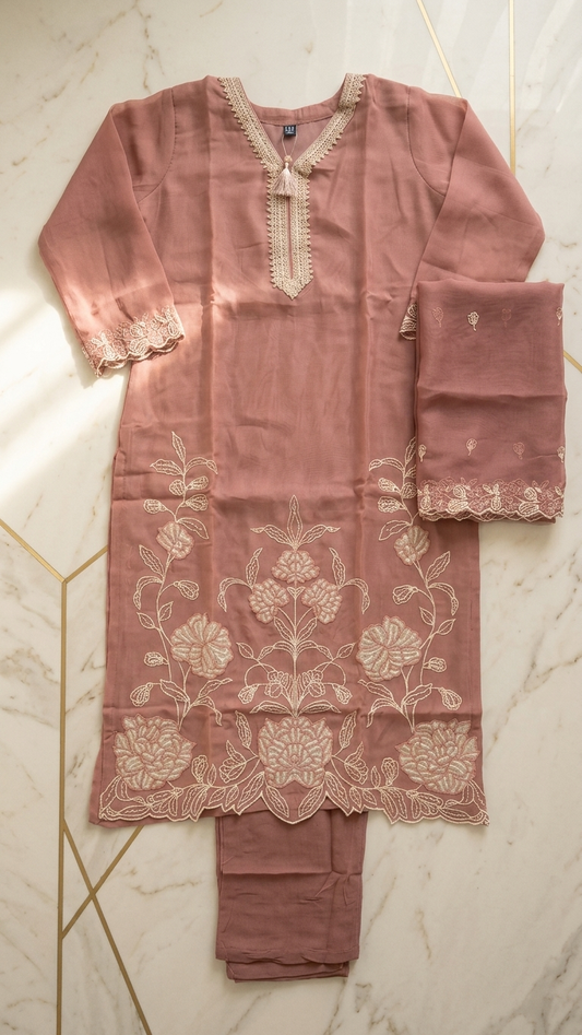 Women's Dusty Rose Embroidered 3-Piece Kurta Set with Dupatta | Elegant Pakistani Suit | Festive & Wedding Ethnic Wear