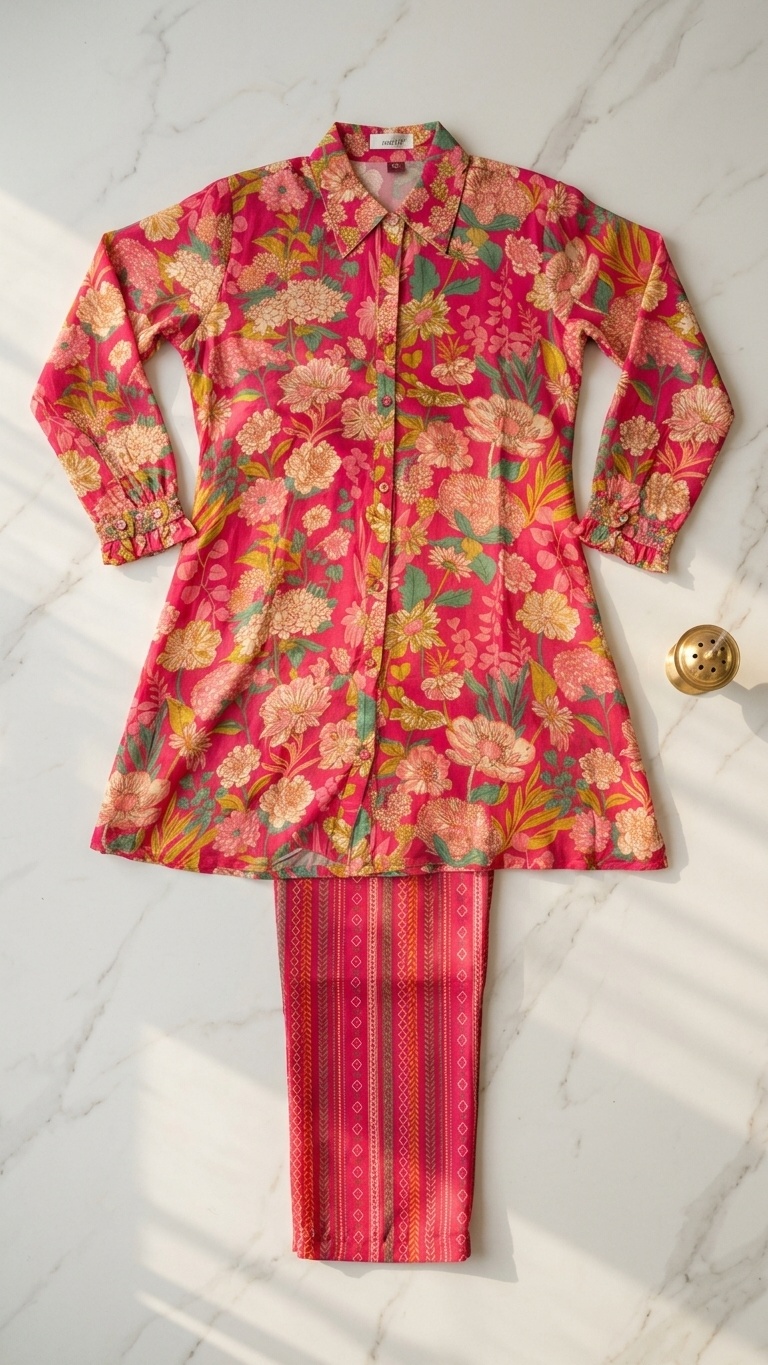 Ensemble coordonné rose imprimé numérique floral boutonné avec manches brodées et pantalon imprimé