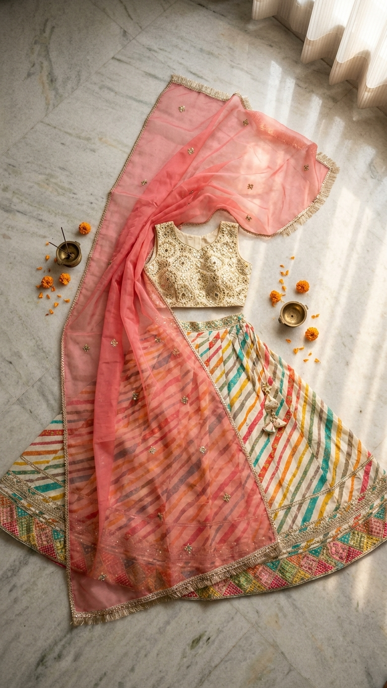 Ensemble Lehenga léger avec choli à sequins sans manches et dupatta en tulle doublé de Gota