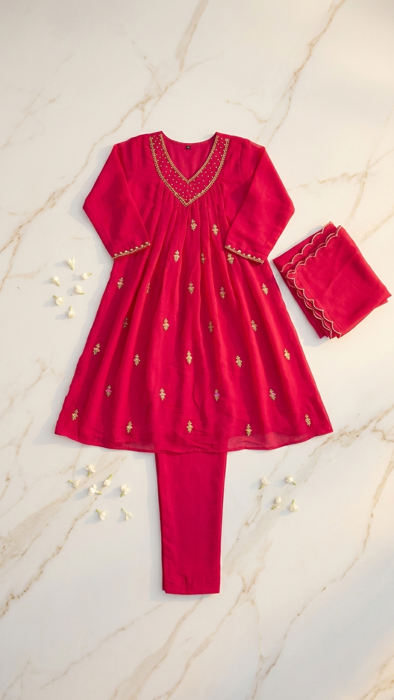 Hot Pink Chinnon Silk 3-Piece Kurta Set with Gold Embroidery & Scalloped Dupatta