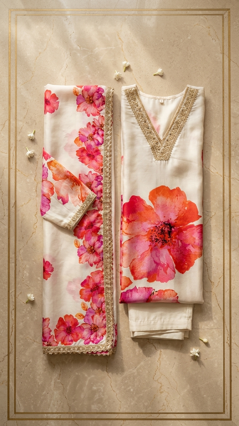 Russian Silk 3-Piece Party Wear in Cream with Intricate Lace Work