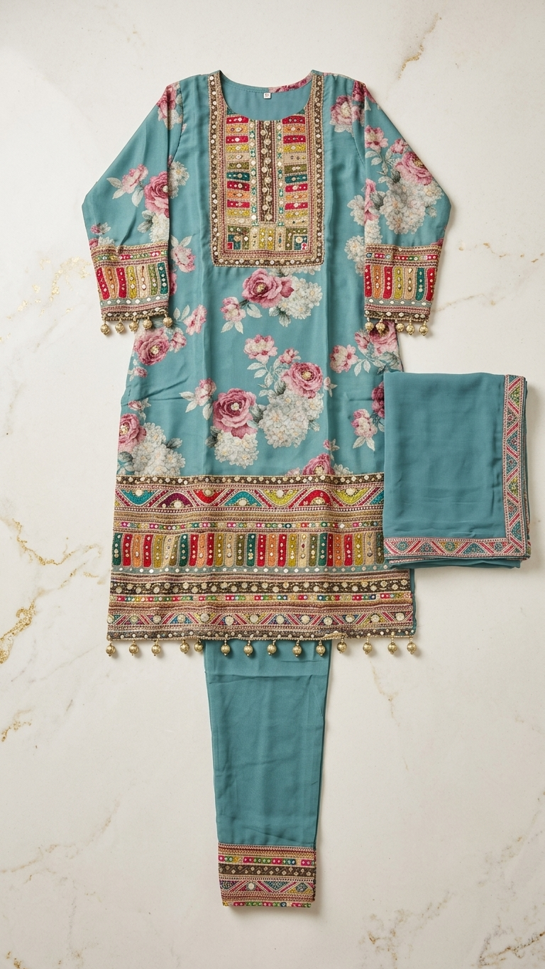 Teal Blue Floral Printed 3-Piece Kurta Set with Mirror Work & Embroidered Dupatta