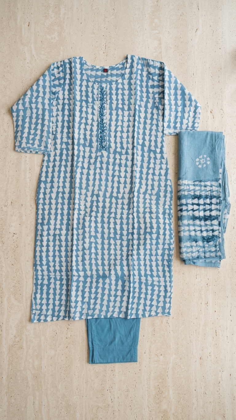 Batik Cotton Silk 3-Piece Kurta Set in Blue