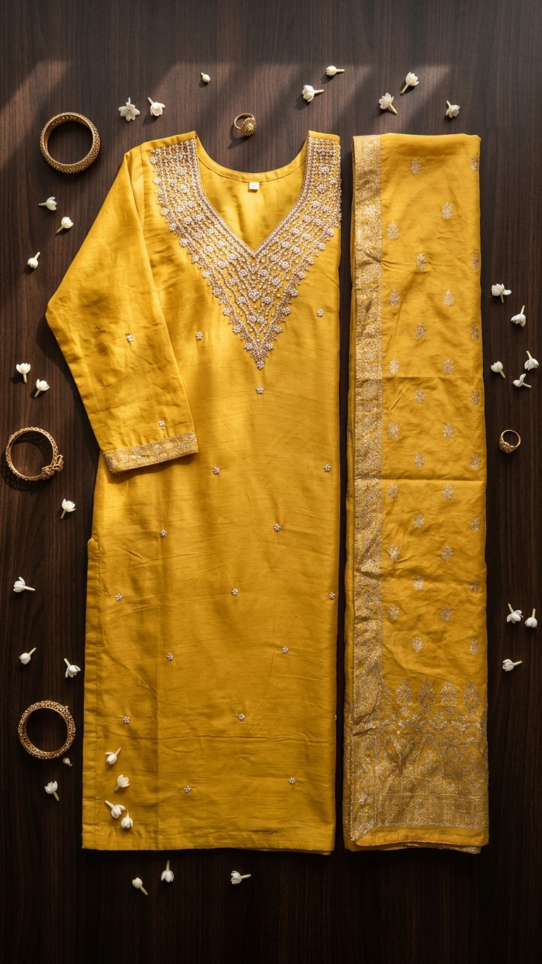 Costume 3 pièces Chinon Silk Dabka Work en jaune