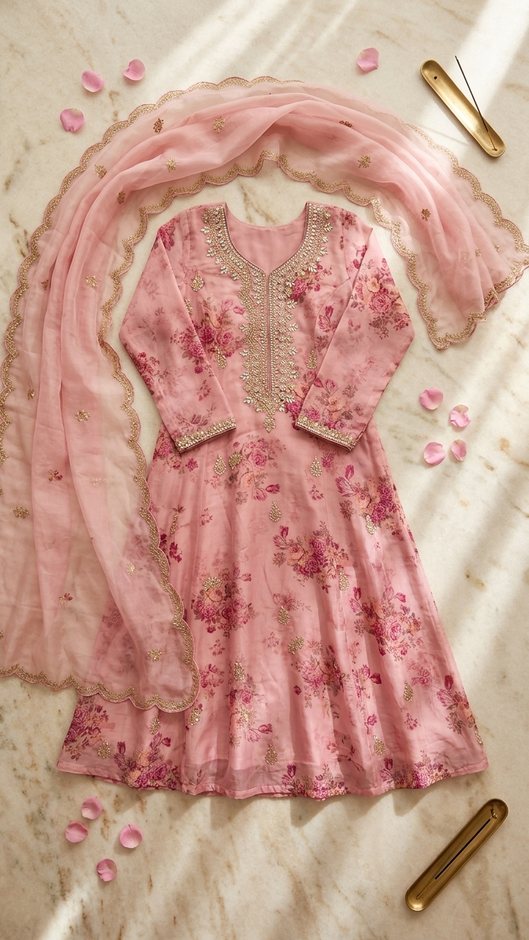 Ensemble 3 pièces en soie allemande couleur pêche avec motif floral et perles exquises – Tenue de fête élégante